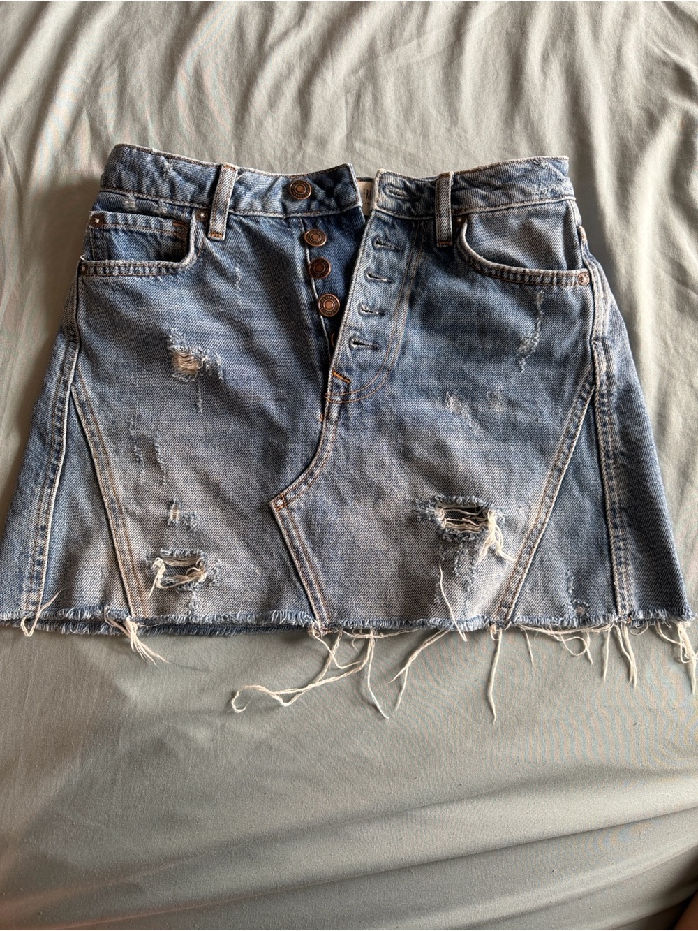 We The Free Light Blue Distressed Denim Mini Skirt
